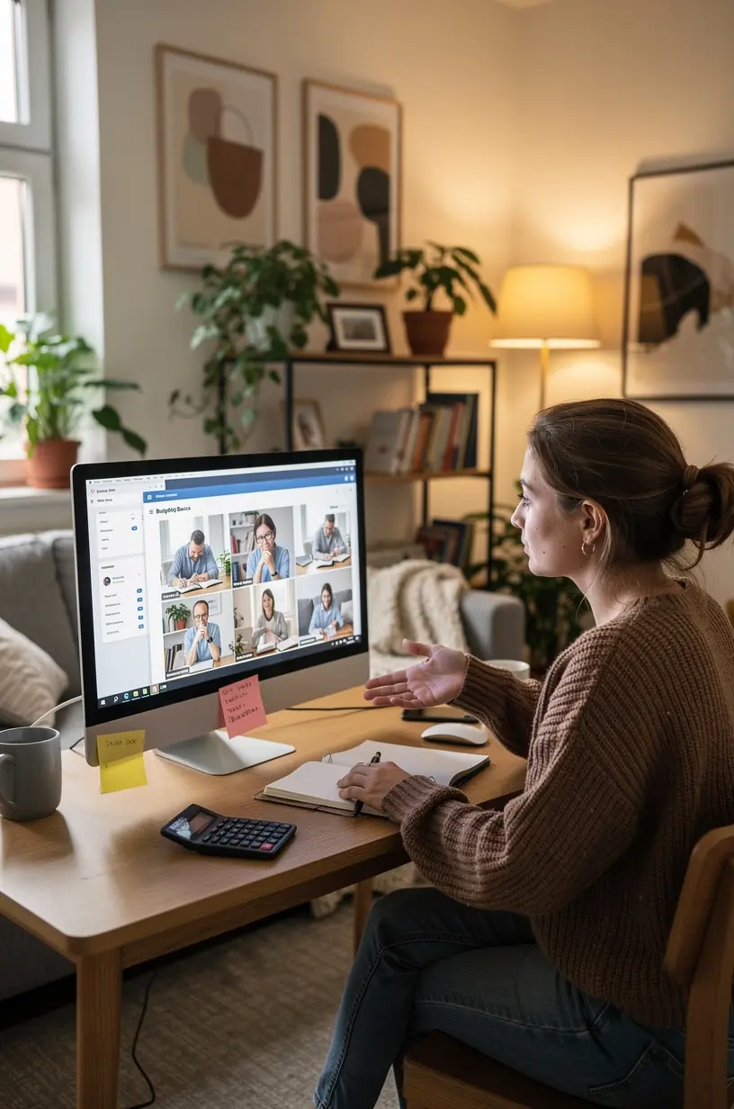 Egy csoport ember beszélget egy személyes pénzügyi workshop szünetében, jegyzetfüzetekkel a kezükben.