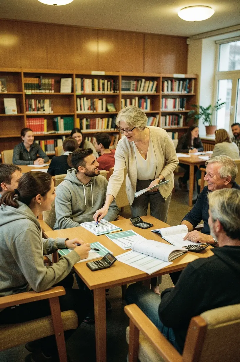 Online és offline pénzügyi tanfolyamokat hirdető színes plakát egy városi hirdetőtáblán.