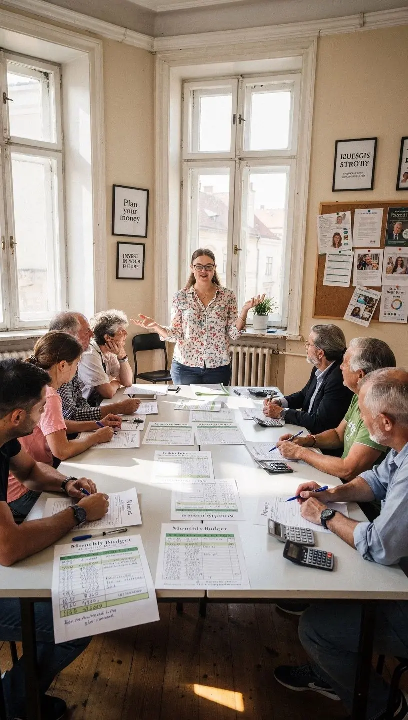 Egy család otthon ül a nappaliban, miközben közösen tervezik havi költségvetésüket egy könyv segítségével.