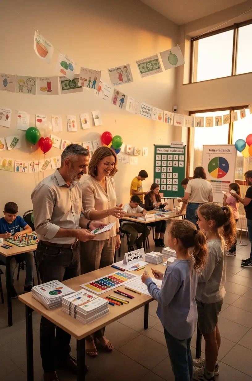 Személyes pénzügyi tanácsadás élő szeminárium résztvevőkkel egy modern konferenciateremben.