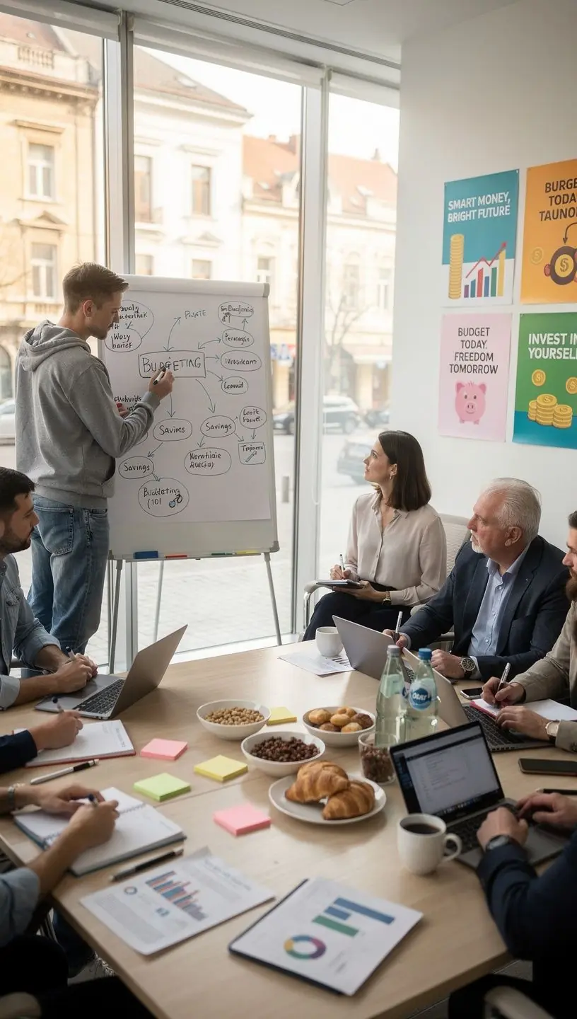 Nyomtatott költségvetési könyvek és útmutatók rendezett sorozatban egy faasztalon.